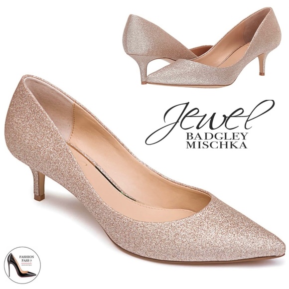 Badgley Mischka Shoes - BADGLEY MISCHKA Royalty Gold Glitter Pointed Toe Kitten Heel Pumps Dress Shoes
